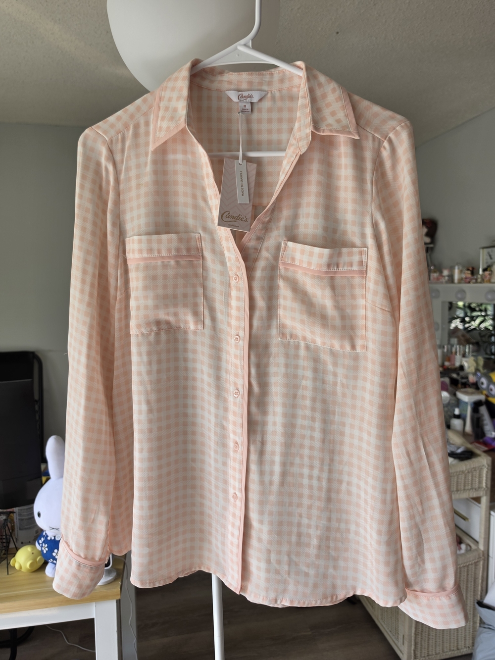 Candie's Peach Gingham Button-Down Blouse